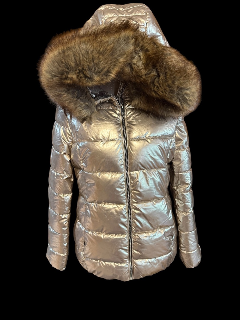 Bellivera women's metallic light gold puffer coat detachable faux fur trim hood.